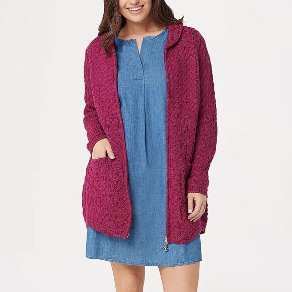 Aran Craft Merino Wool Back Pleat Zip-Front Cardigan - Picture 1 of 6